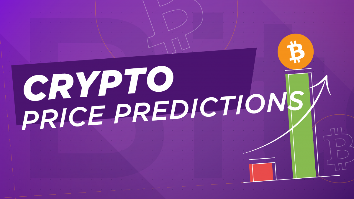 The words “crypto price predictions” display next to a graph with a Bitcoin on top