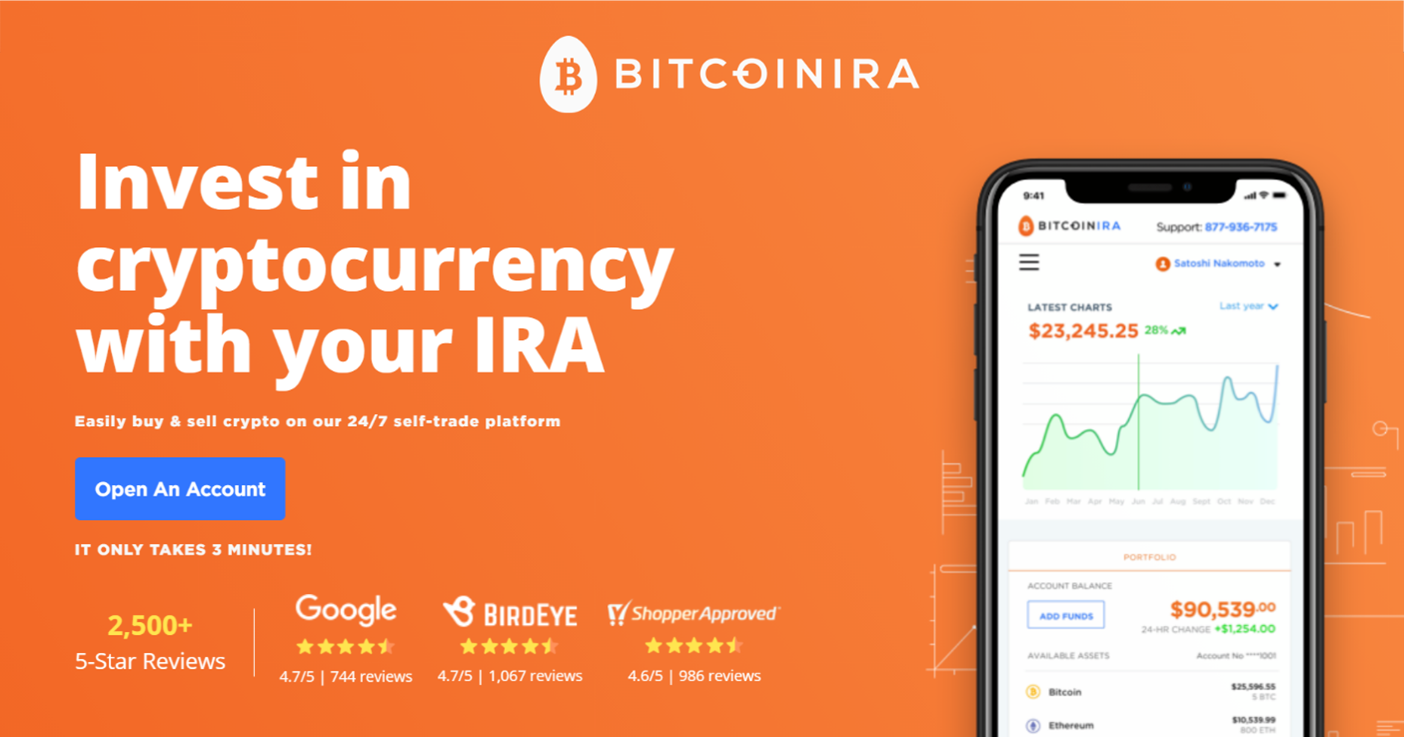 The bitcoin ira platform is shown on a smart phone against a field of orange