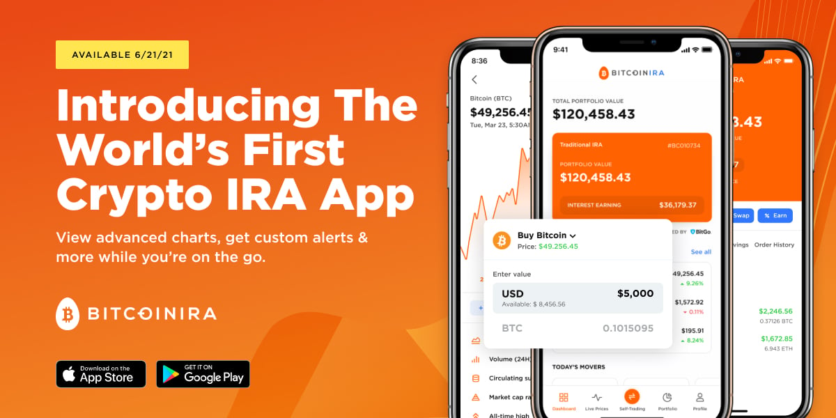 The bitcoin ira app is shown on multiple smartphones