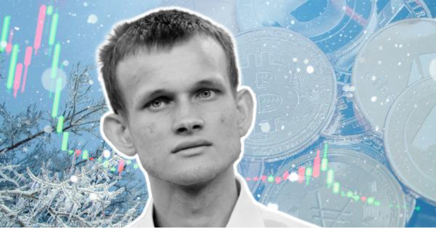 Vitalik Buterin tilts his head against a background of blue shaded cryptocurrency