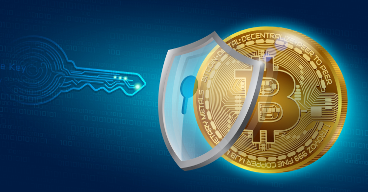 A bitcoin sits behind a clear shield with a keyhole and a key moving toward it