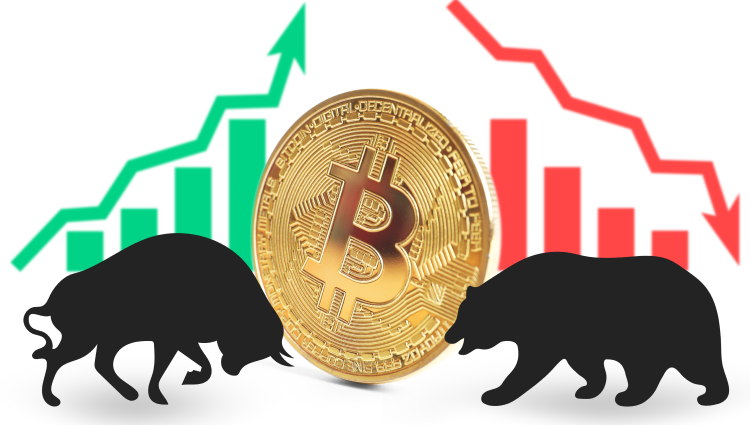 A bull and a bear in silhouette stand on either side of a bitcoin with bar charts in the background