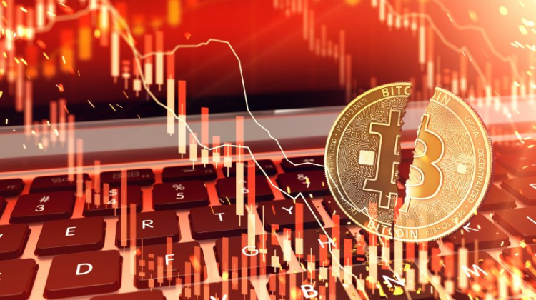 A bitcoin tears in half against a firey red background featuring bar charts