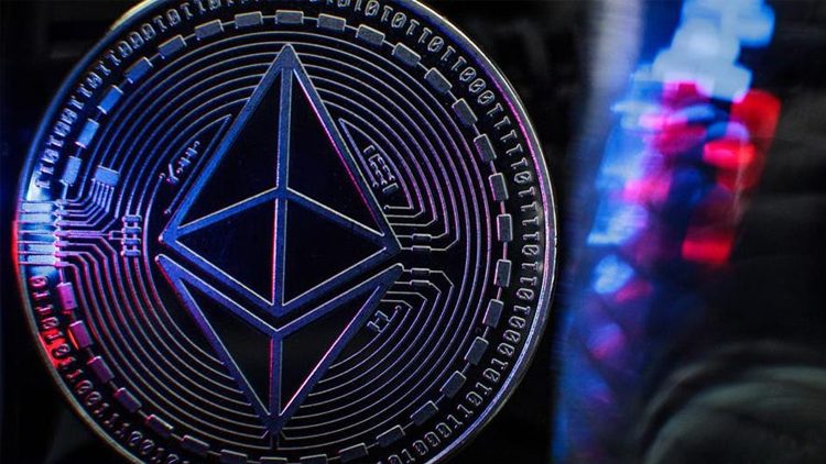 The ethereum logo sits on a transparent coin against a black background