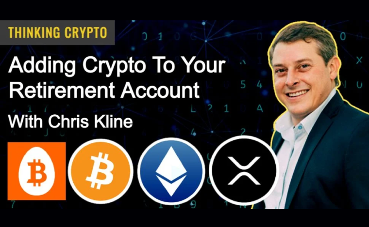 Chris kline looks into camera beside an announcement of adding crypto into retirement