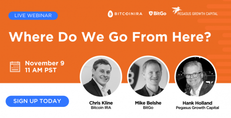 An orange banner announces the crypto webinar “Where Do We Go From Here?” on November 9, 2022 at 11 AM PST with speakers from Bitcoin IRA, BitGo, and Pegasus Growth Capital