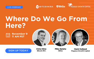 Orange banner for crypto 2022 webinar on November 9 at 11 AM PST with speakers from Bitcoin IRA, BitGo, and Pegasus Growth Capital