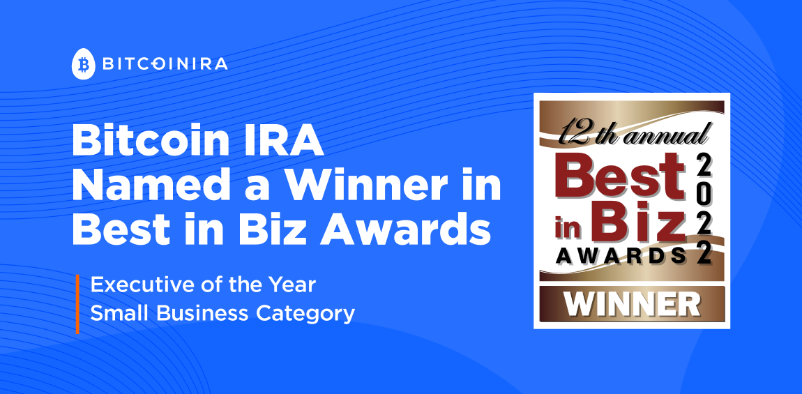 Best in Biz Awards logo sits next to a Bitcoin IRA announcement
