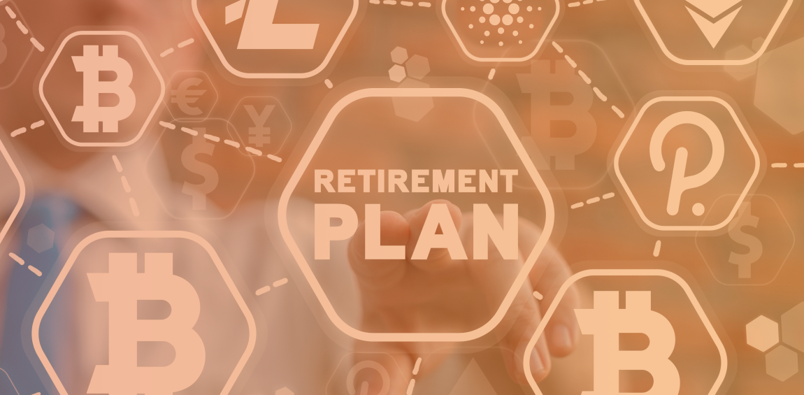 Numerous cryptocurrency logos are shown along with "retirement plan."