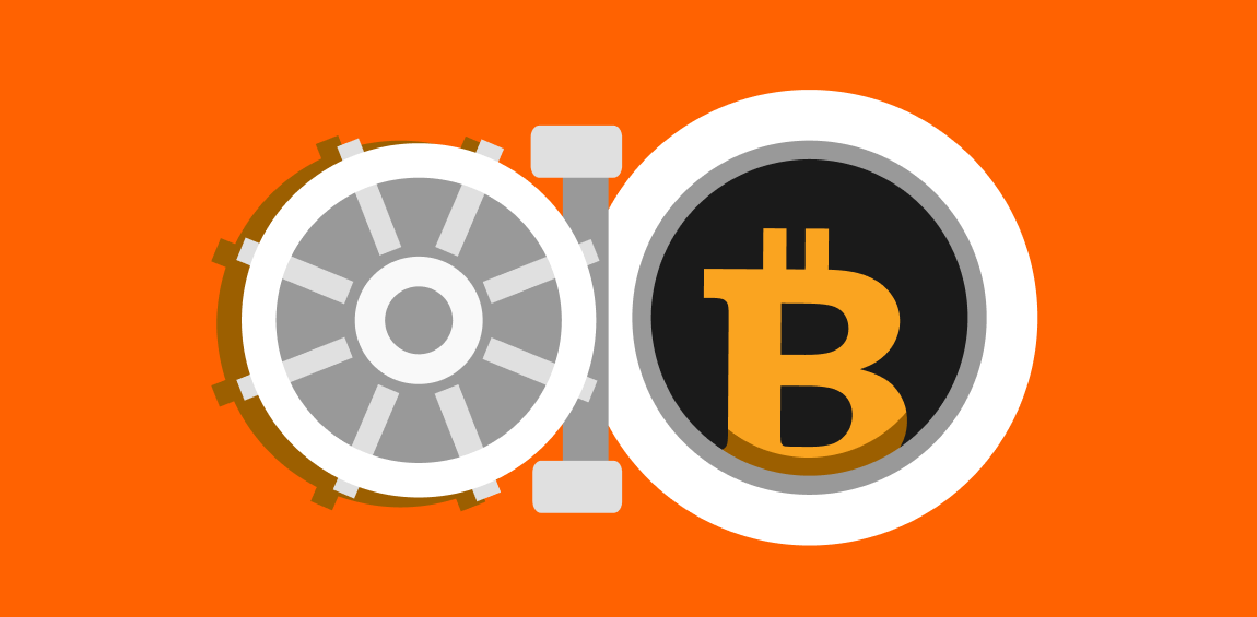A digital key points to a shield protecting a Bitcoin coin.