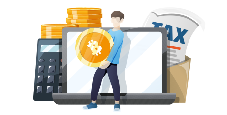 Crypto taxes: a man carries a Bitcoin in front of a laptop and tax forms