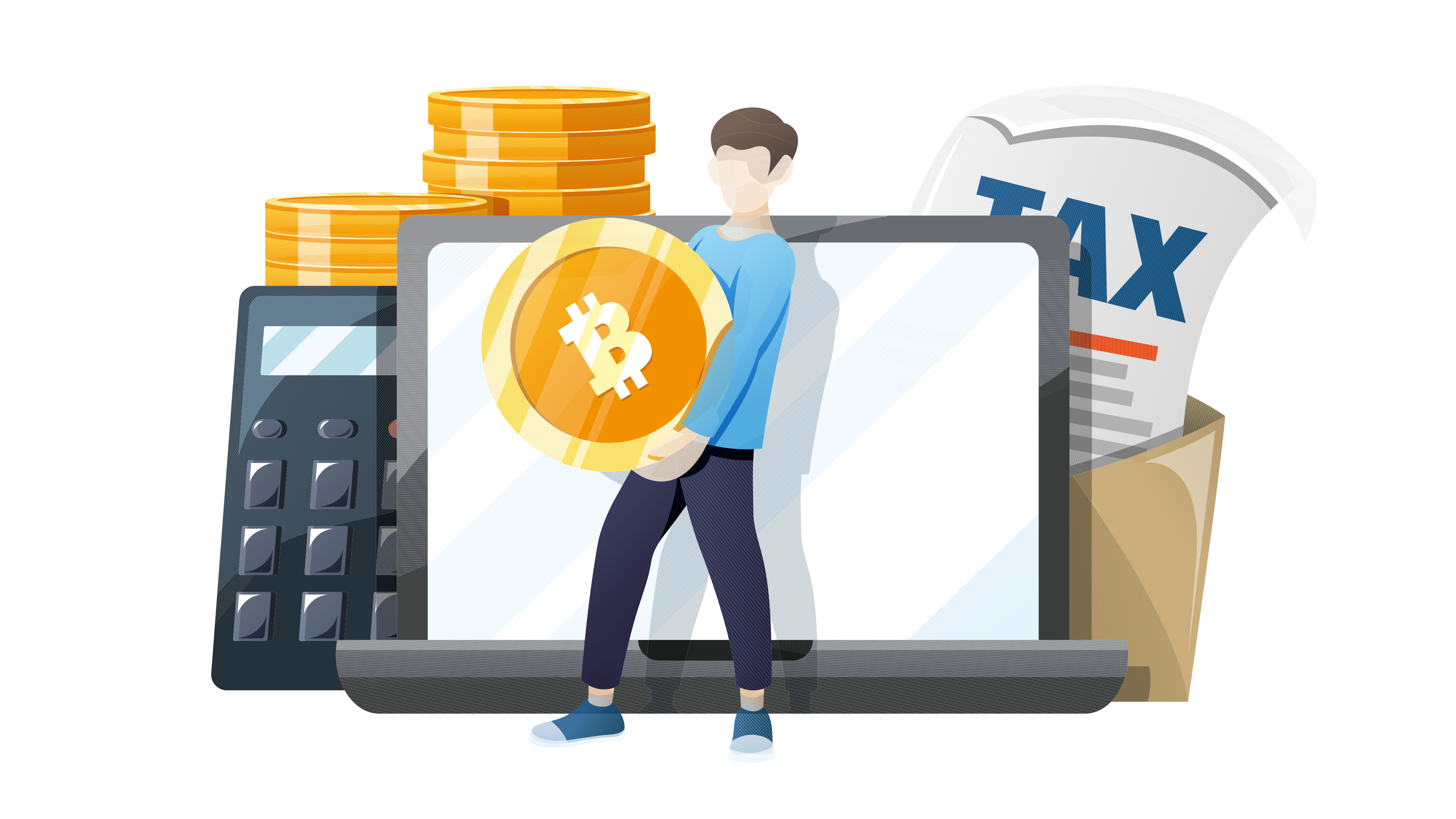Crypto taxes: a man carries a Bitcoin in front of a laptop and tax forms