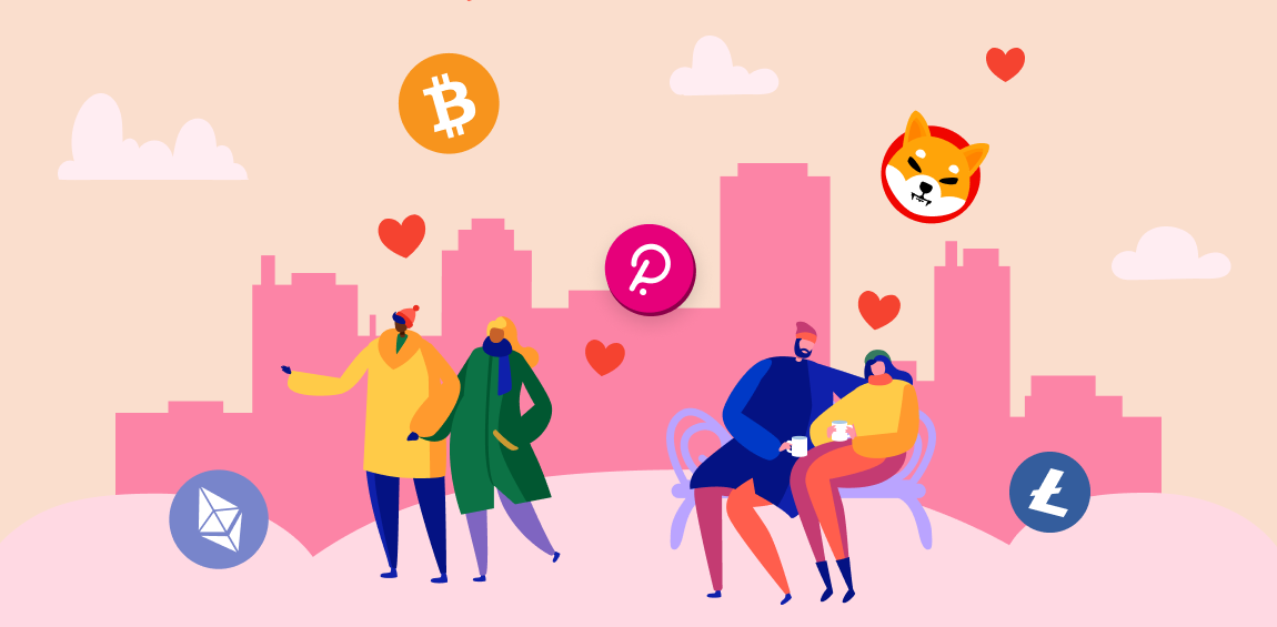 Cartoon people in an urban setting surrounded by logos of popular cryptocurrencies