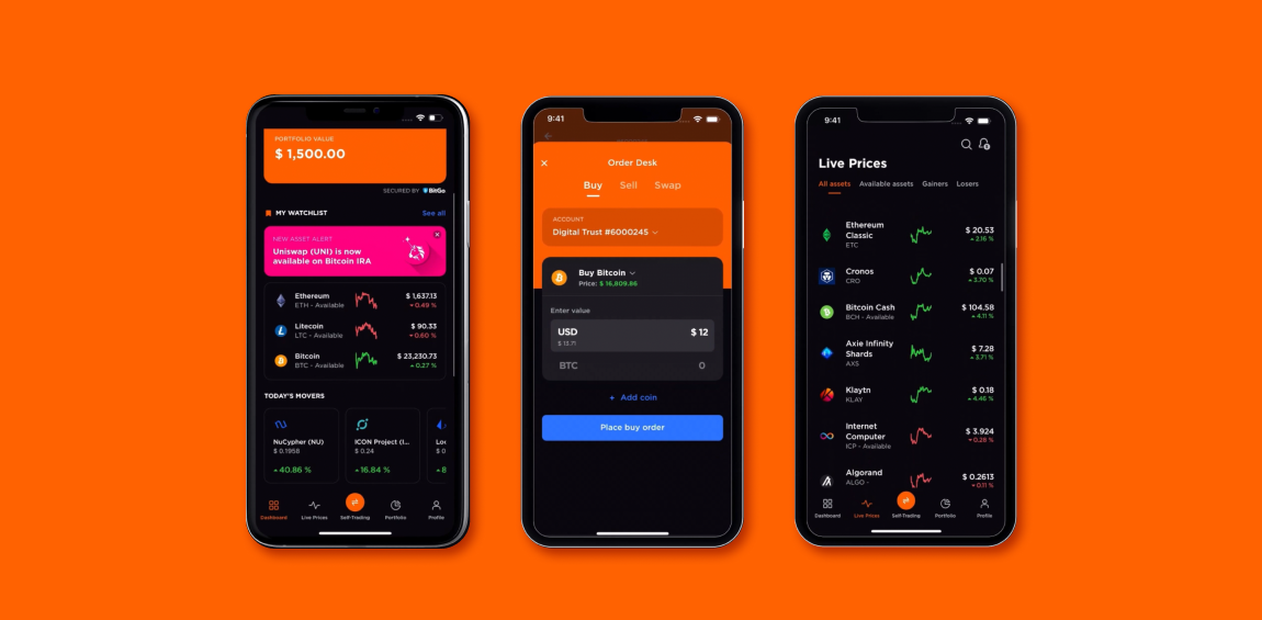 The BitcoinIRA mobile app is shown across three different smartphones on an orange background.