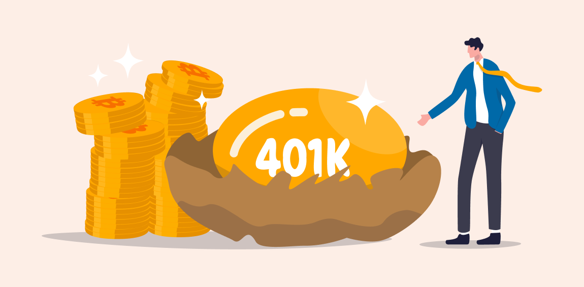 A man looks at and points to a golden nest egg with "401k" on it. There are also gold coins stacked nearby. How To Invest In Bitcoin Within a 401(k)