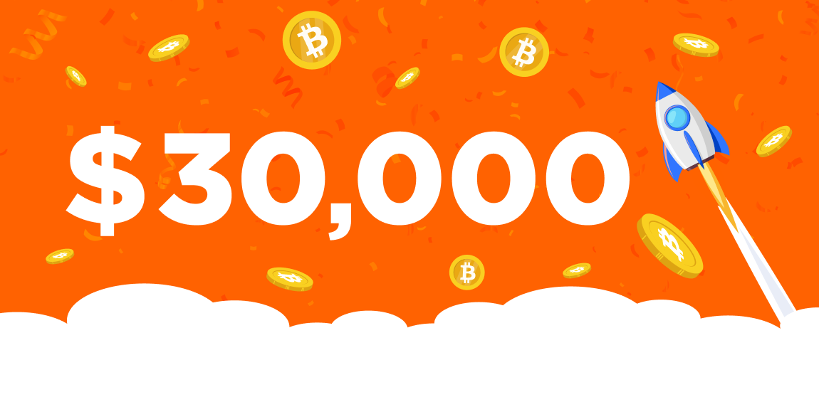 Bitcoin $30k: the important price milestone for Bitcoin, $30,000, is shown in large text on an orange background, with an image or a rocket.