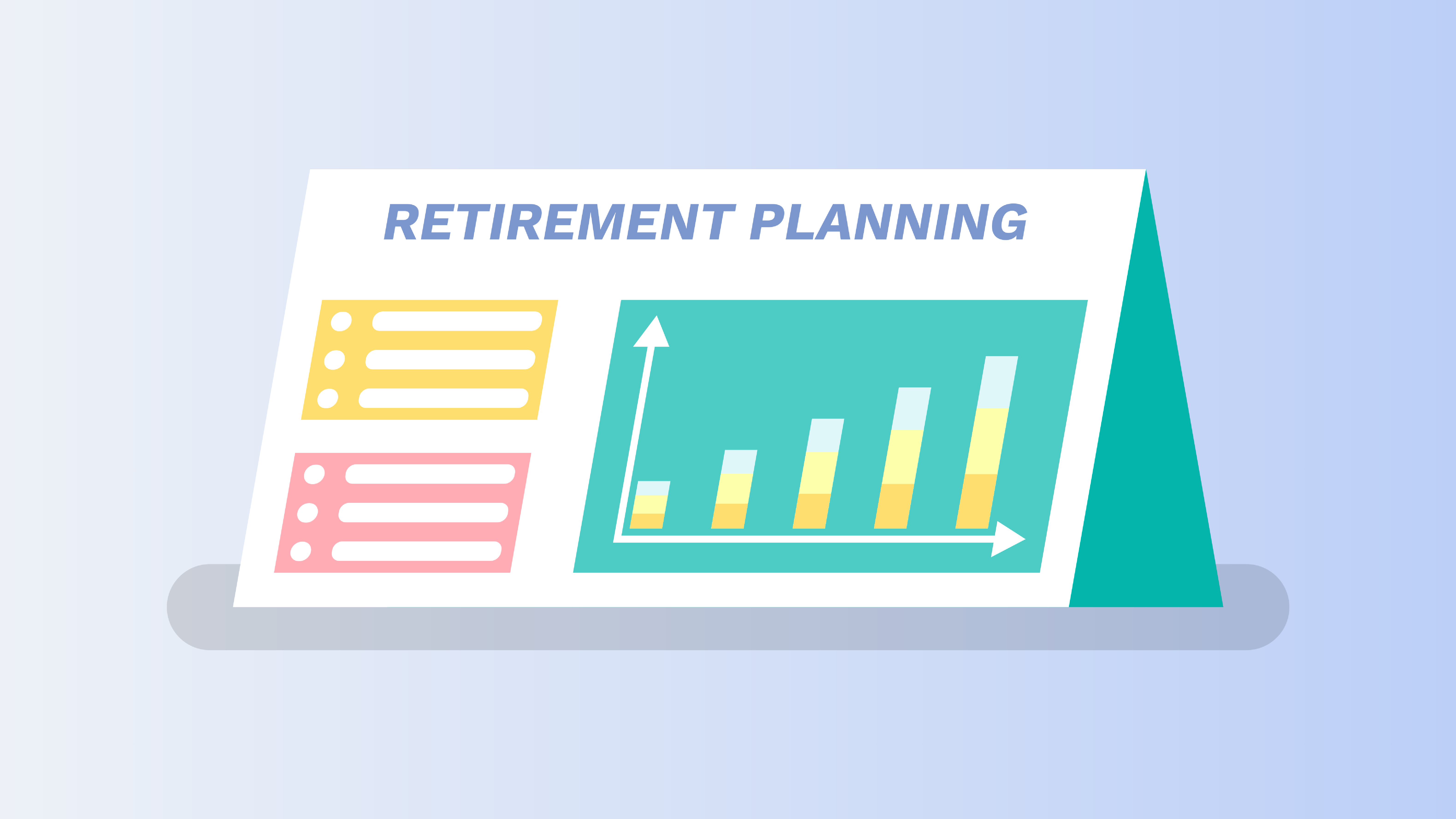 A folding card displaying the text "Retirement Planning" and financial graphs and imagery. Used to head a blog article about crypto retirement planning.