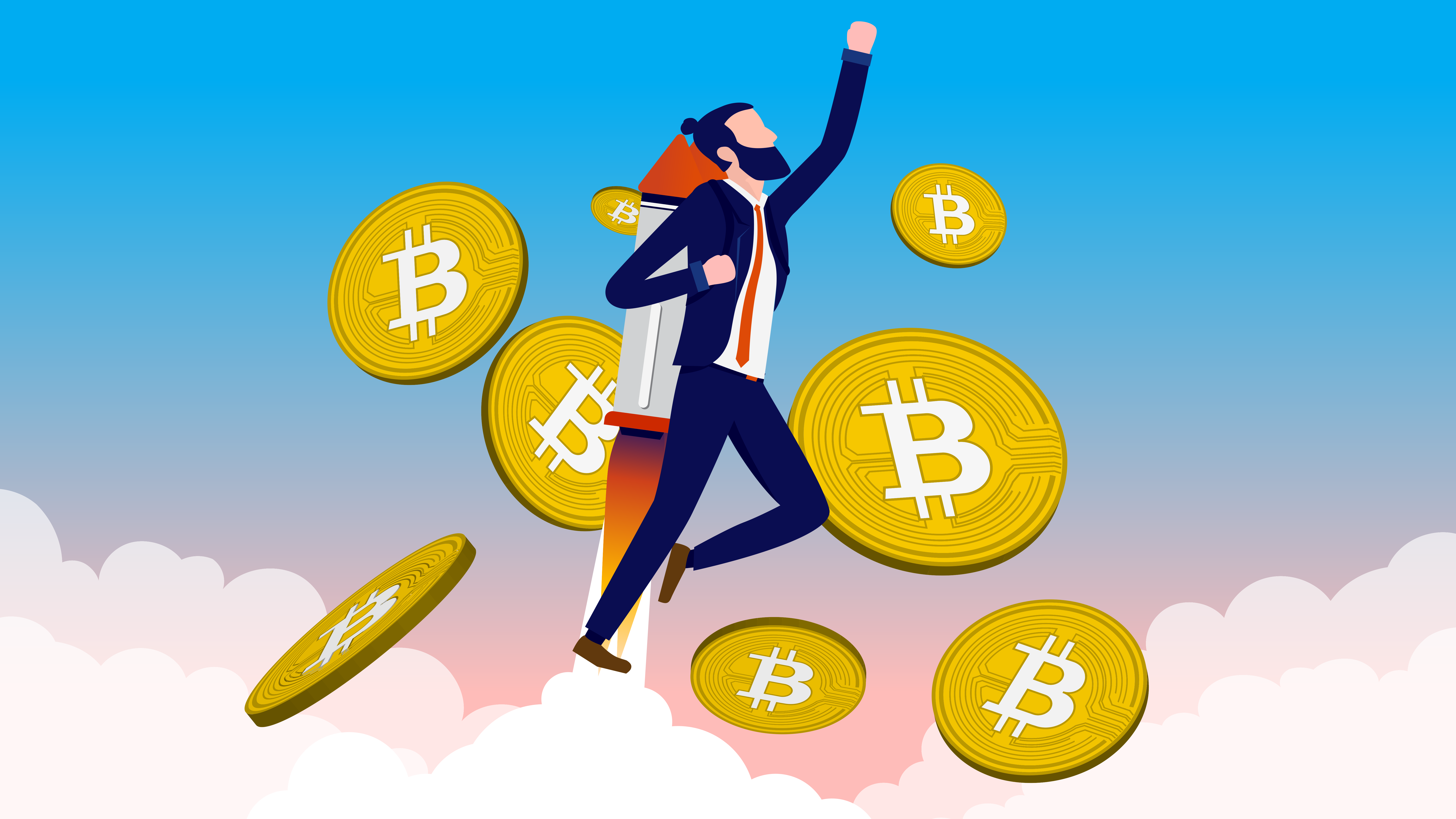 A bearded cartoon man in a suit flies above the clouds using a rocket/jetpack, with Bitcoins surrounding him (best crypto IRA)