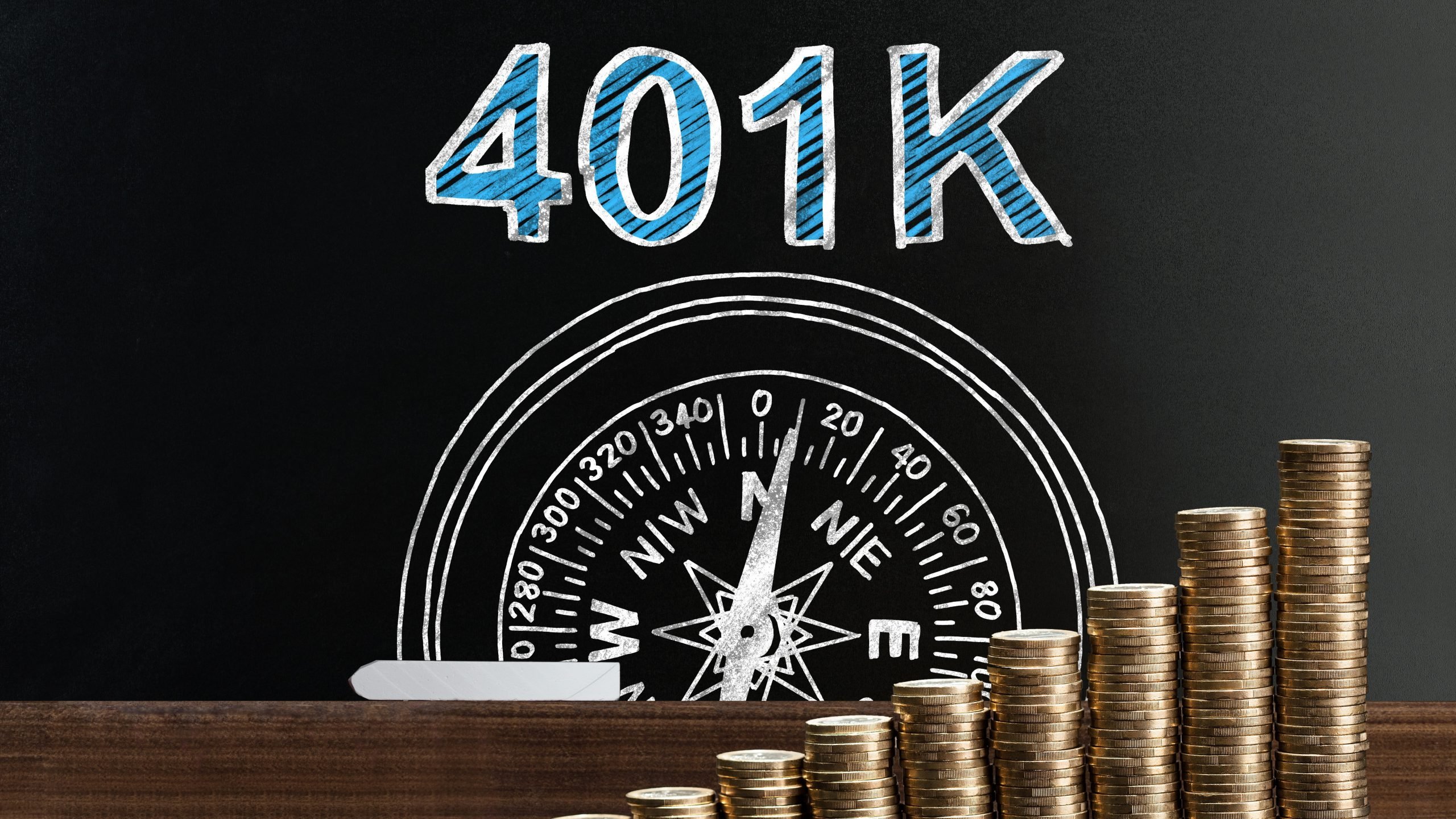 Blue 401k text on black background, with several stacks of coins of increasing height (401k to cryptocurrency).