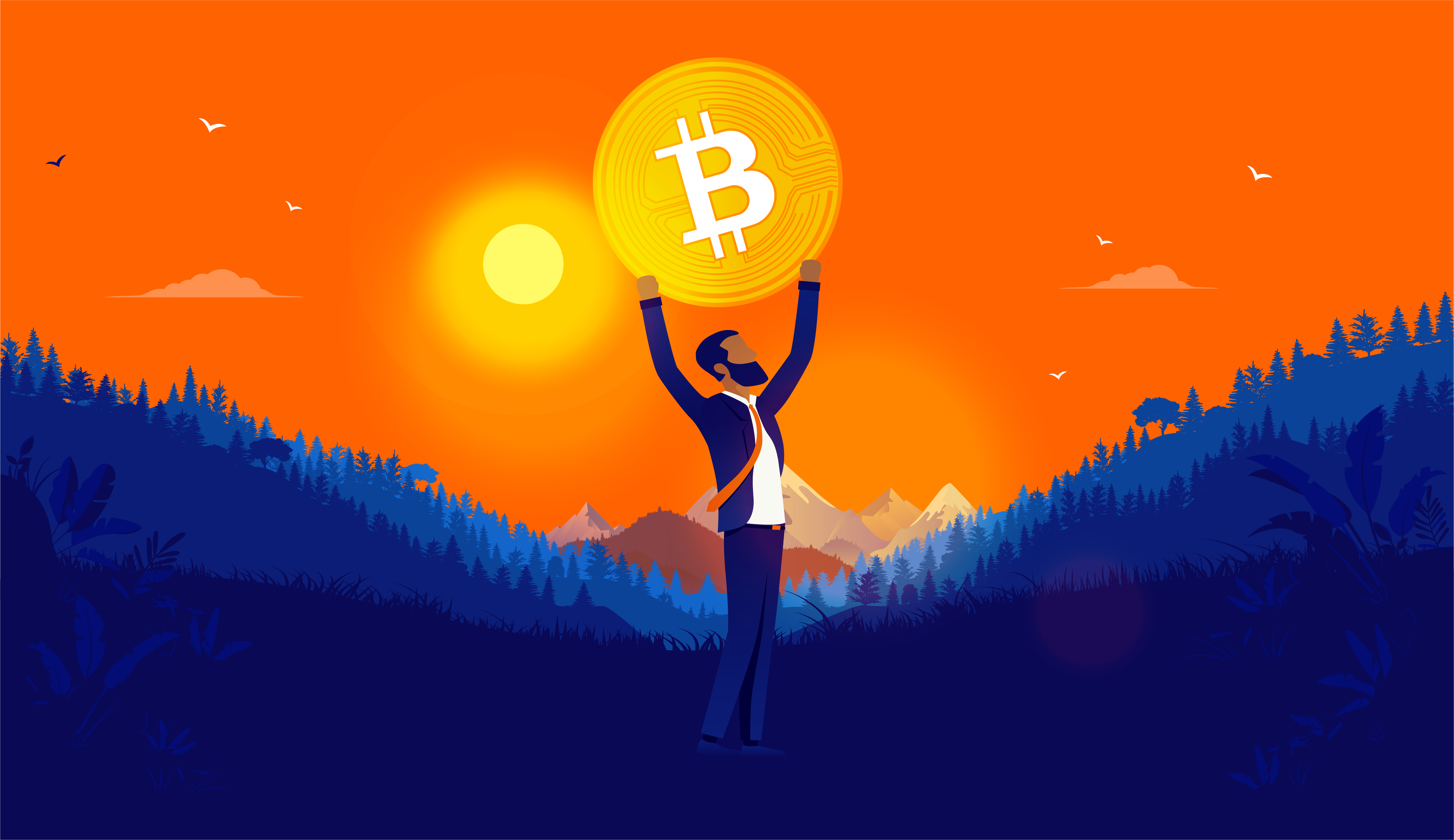 Illustration of a man with a beard in the mountains holding a large bitcoin over his head.