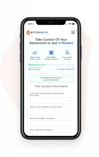 An iPhone shows the Bitcoin IRA app account signup screen
