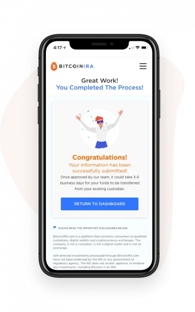 An iPhone shows the Bitcoin IRA app signup completion screen